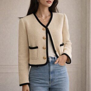 Korean Beige Textured Blazer with Gold Buttons and Black Piping